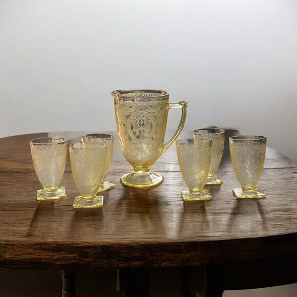 Yellow Depression glass No. 612 pitcher and 6 tumblers Horseshoe - Picture 2 of 9